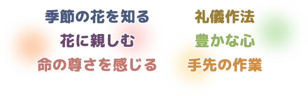 親子で楽しむ、季節の花を知る、花に親しむ、命の尊さを感じる、礼儀作法、豊かな心、手先の作業